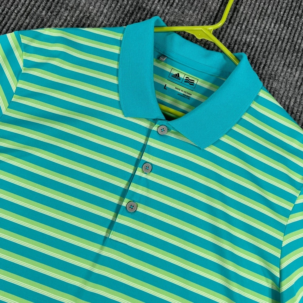 Adidas Polo Shirt Mens Large Green Stripe Short Sleeve Golf‎ Performance Casual